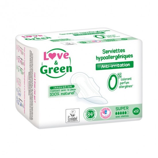 Love & green serviettes hypoallergéniques anti-irritation super paquet de 12 Love & green serviettes hypoallergéniques anti-irritation super paquet de 12