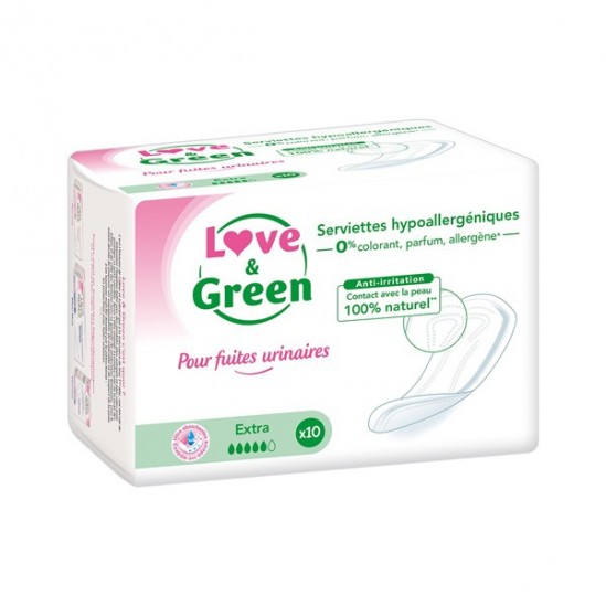 Love & green serviettes hypoallergéniques anti-irritation pour fuite urinaire Paquet de 10 Love & green serviettes hypoallergéniques anti-irritation pour fuite urinaire Paquet de 10