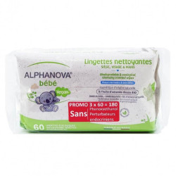 Alphanova Bébé Lingettes Huile d'Amande Sans Parfum Biodégradable Bio Lot de 3 x 60 Unités