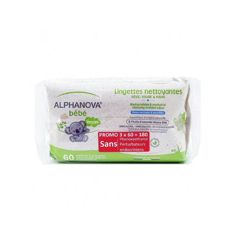 Alphanova Bébé Lingettes Huile d'Amande Sans Parfum Biodégradable Bio Lot de 3 x 60 Unités