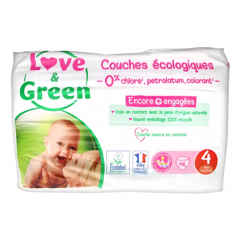 Love & Green Couches Hypoallergéniques 46 Couches Taille 4 (7-14 kg) Love & Green Couches Hypoallergéniques 46 Couches Taille 4 (7-14 kg)