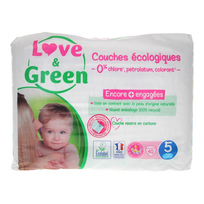 Love & Green Couches Hypoallergéniques 40 Couches Taille 5 (11-25 kg) Love & Green Couches Hypoallergéniques 40 Couches Taille 5 (11-25 kg)
