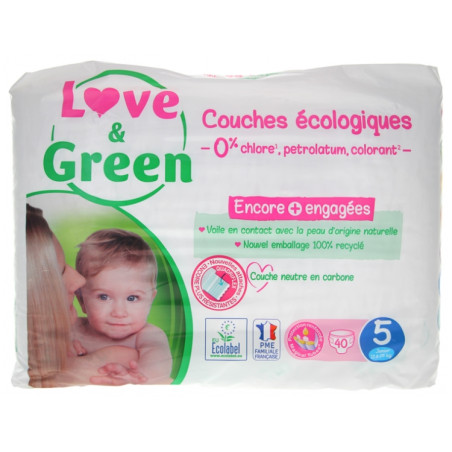 Love & Green Couches Hypoallergéniques 40 Couches Taille 5 (11-25 kg)