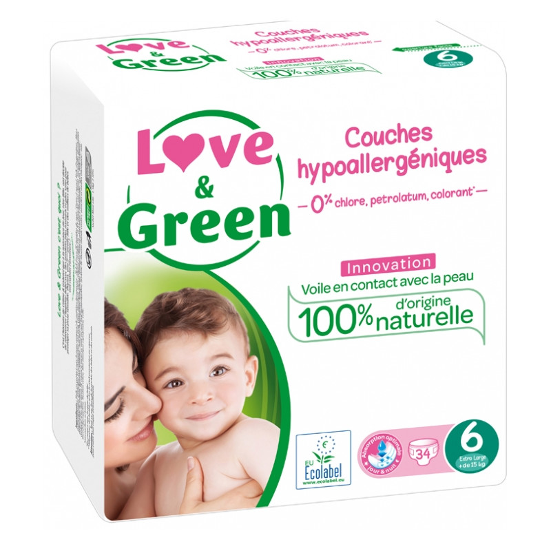 Love & Green Couches Hypoallergéniques 34 Couches Taille 6 (+15 kg) Love & Green Couches Hypoallergéniques 34 Couches Taille 6 (+15 kg)