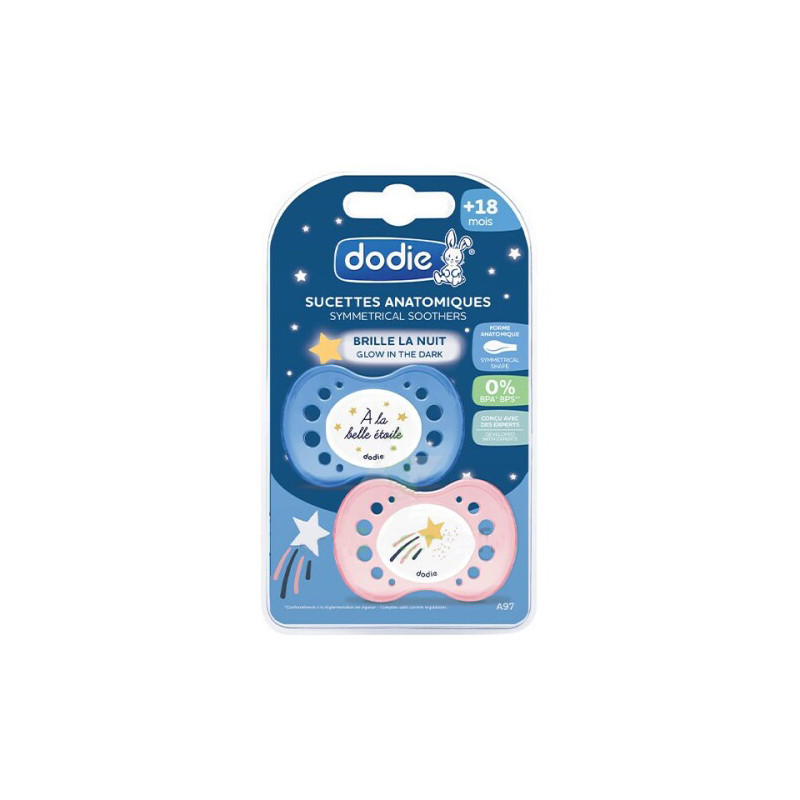Dodie 2 Sucettes Anatomiques Nuit +18 mois Modèle : A la belle étoile + Etoile filante Dodie 2 Sucettes Anatomiques Nuit +18 mois Modèle : A la belle étoile + Etoile filante
