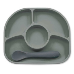 Bblüv Yümi Assiette Anti-Dégât et Cuillère en Silicone 4 Mois et + - Couleur : Gris