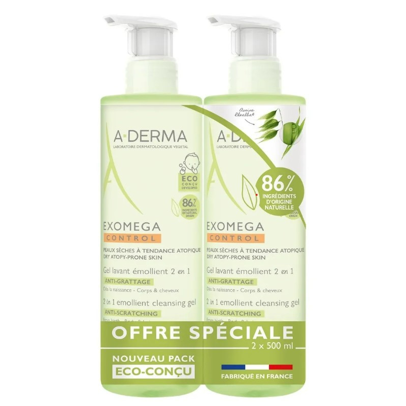 A-Derma Exomega Control Gel Lavant Emollient 2 en 1 lot de 2x500ml A-Derma Exomega Control Gel Lavant Emollient 2 en 1 lot de 2x500ml