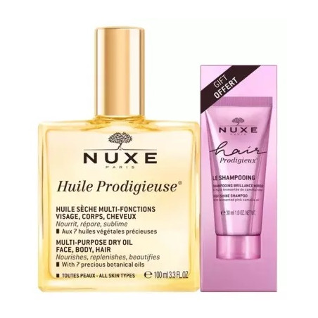 Nuxe Huile Prodigieuse 100 ml + Hair Prodigieux Le Shampoing Brillance Miroir 30 ml Offert
