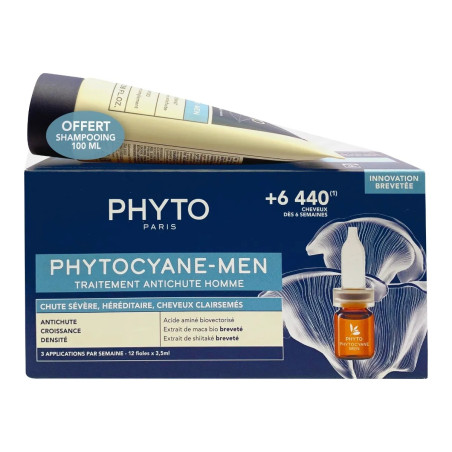 COFFRET - PHYTOCYANE - Traitement Anti-Chute Homme 12x5ml + Shampooing Revigorant 100ml Offert - Chute Progressive
