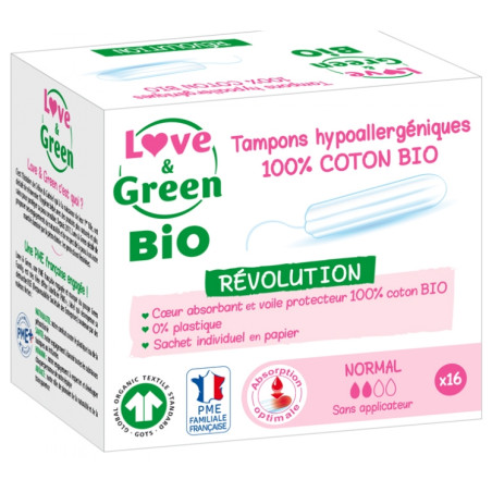 Love & Green Tampons Hypoallergéniques 100% Coton Bio 16 Tampons Normal sans Applicateur