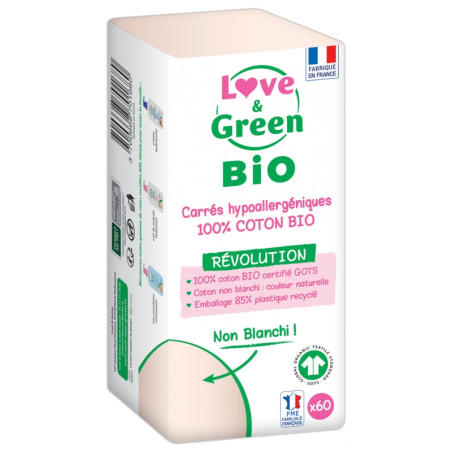 Love & Green Carrés Hypoallergéniques 100% Coton Bio 60 Cotons